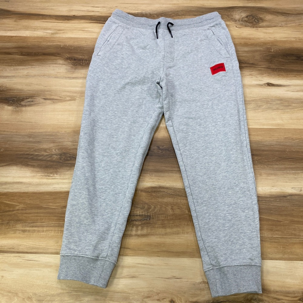 HUGO Boss Sweatpants Size S Red Patch Logo Joggers Cotton Blend Tapered Gray